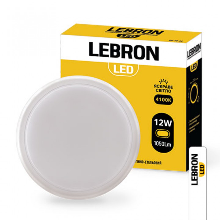 LED світильник LEBRON L-WLR-S, 12W, круг, 4100K, 1050Lm, ІР65, СВЧ ДР, спрацьовує в темряві