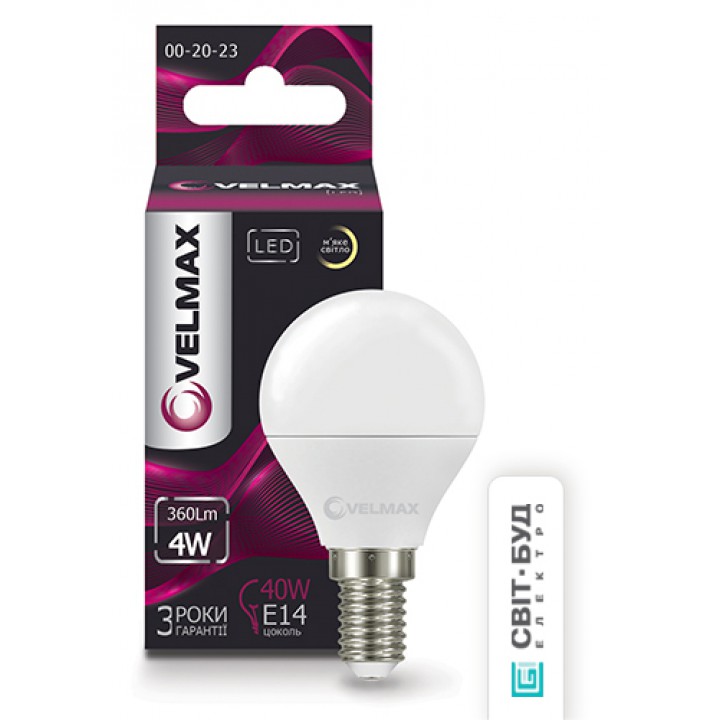 LED лампа Velmax V-G45, 4W, E14, 3000K, 360Lm, кут 220°