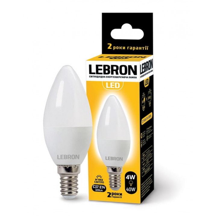 LED лампа LEBRON L-С37, 4W, 220V, Е14, 3000K, 320Lm