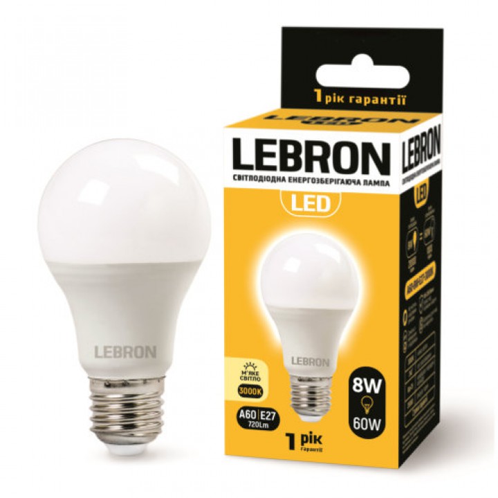 LED лампа LEBRON L-A60, 8W, Е27, 3000K, 720Lm