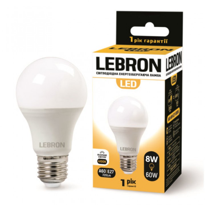 LED лампа Lebron L-A60, 8W, Е27, 4100K, 700Lm, угол 240 °