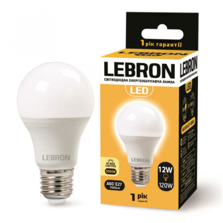 LED лампа Lebron L-A60, 12W, Е27, 3000K, 1050Lm, угол 240 °