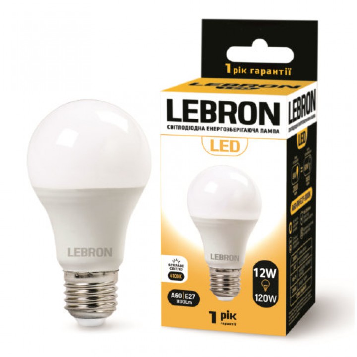 LED лампа Lebron L-A60, 12W, Е27, 4100K, 1050Lm, кут 240°