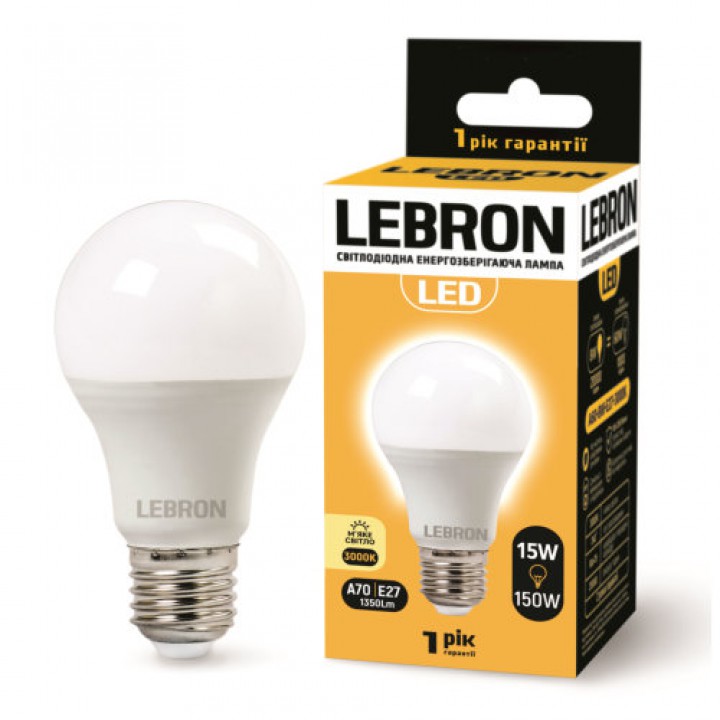 LED лампа Lebron L-A65, 15W, Е27, 3000K, 1350Lm, кут 240°
