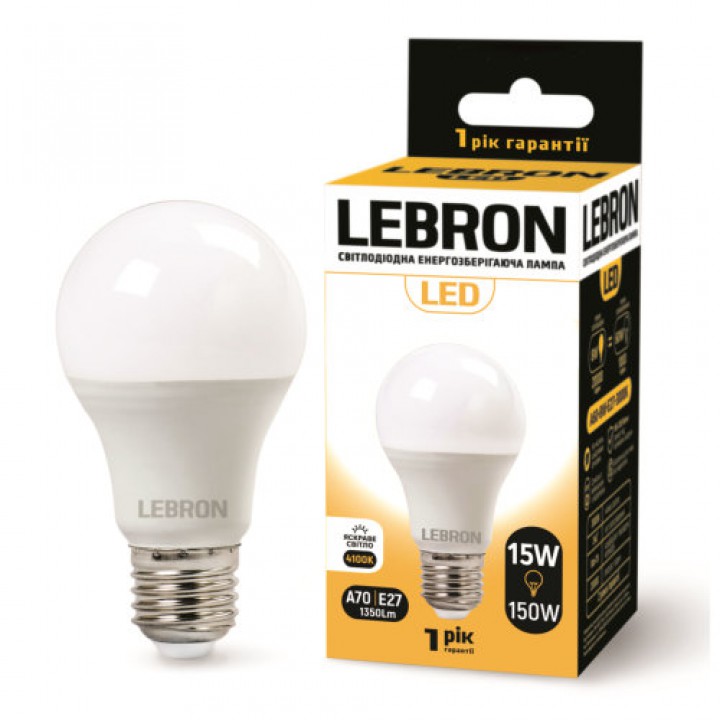 LED лампа Lebron L-A65, 15W, Е27, 4100K, 1350Lm, кут 240°