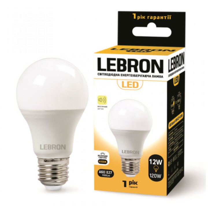 LED лампа Lebron L-A60, 12W, Е27, 4100K, 1100Lm, акустичний датчик