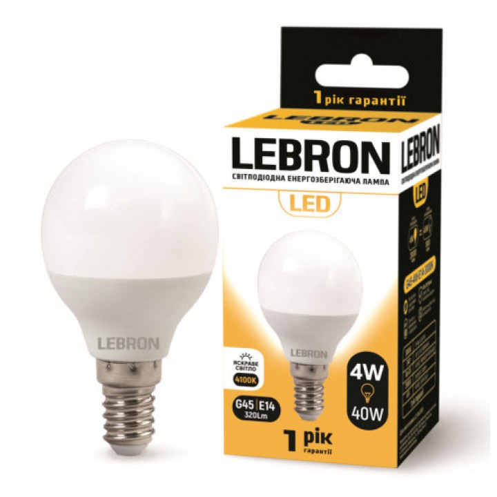 LED лампа Lebron L-G45, 4W, Е14, 4100K, 320Lm, кут 240°
