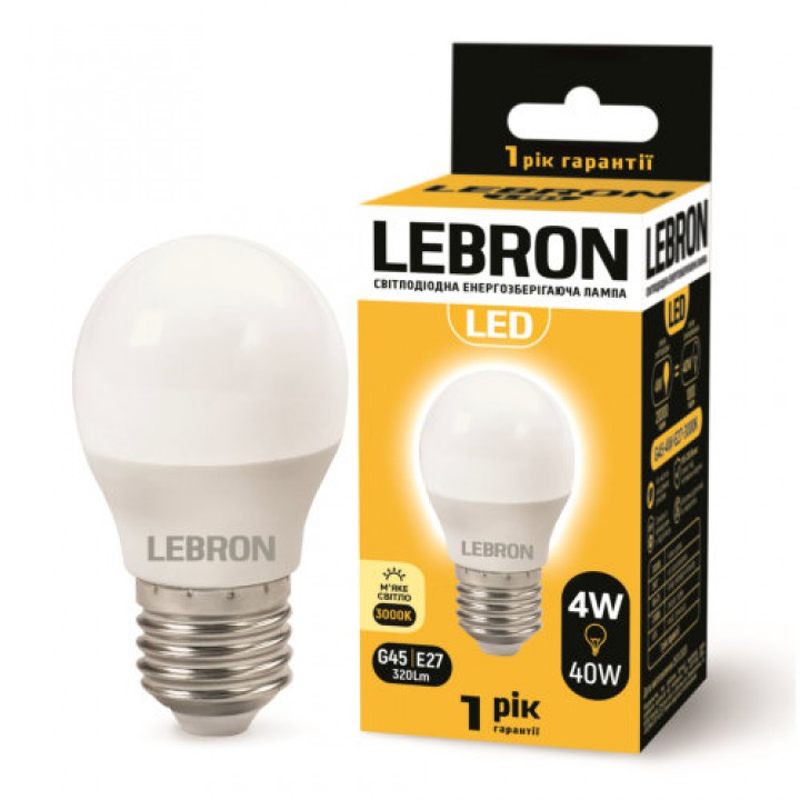 LED лампа Lebron L-G45, 4W, Е27, 3000K, 320Lm, кут 240°