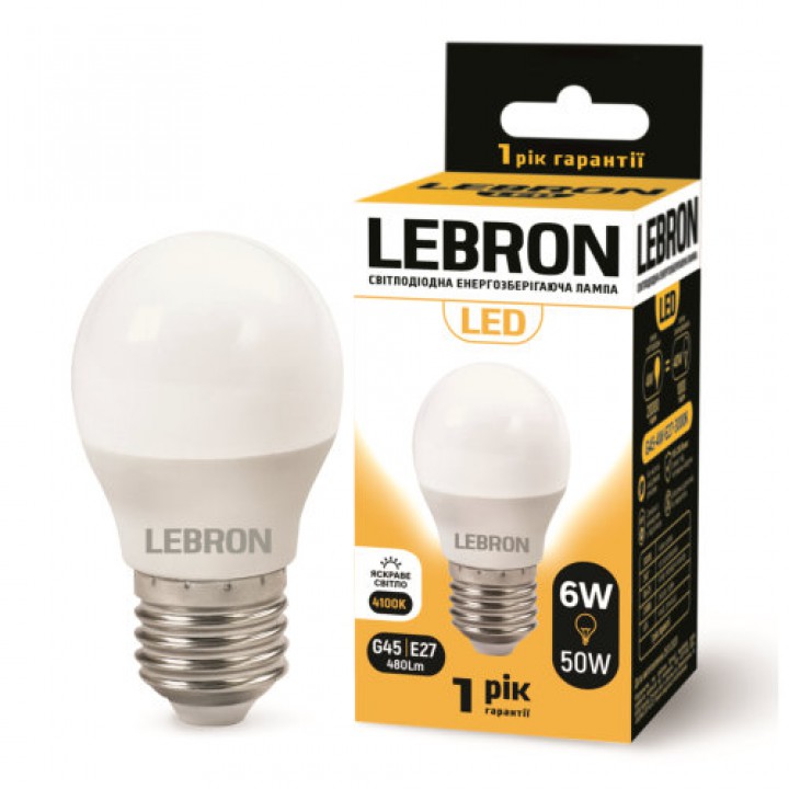 LED лампа Lebron L-G45, 6W, Е27, 4100K, 480Lm, кут 220°