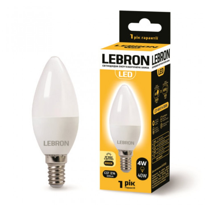LED лампа Lebron L-С37, 4W, Е14, 3000K, 320Lm, кут 220°