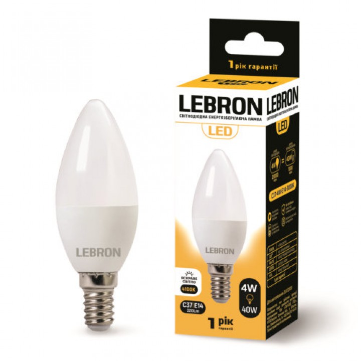 LED лампа Lebron L-С37, 4W, Е14, 4100K, 320Lm, кут 220°