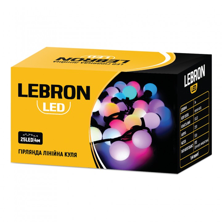 LED гирлянда новогодняя LEBRON линейная 6м, шар 40LED, RGB, IP20