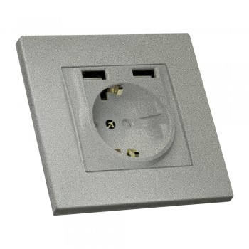 Розетка з/з, 16А, та 2гн USB, 2,4А, зі шторками, RITA, Mutlusan, "срібло", (2220 619 0282)