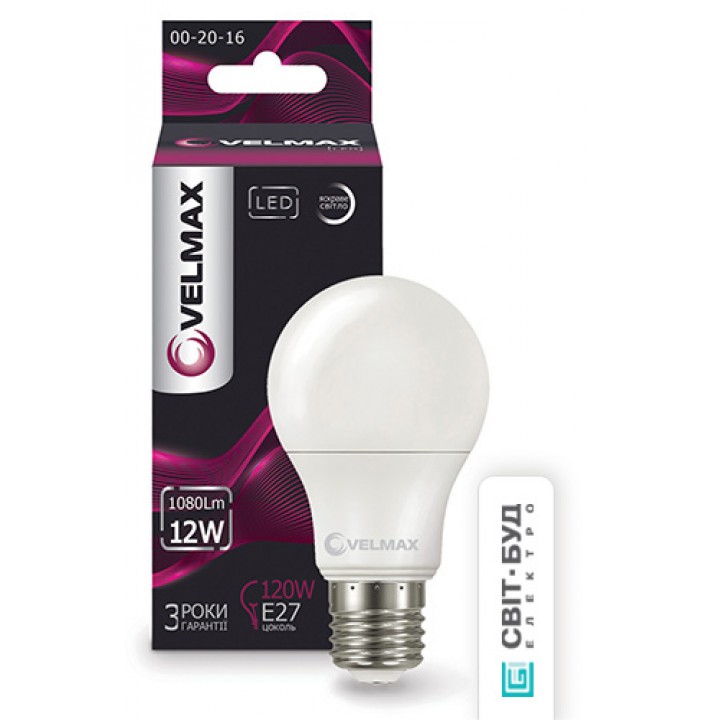 LED лампа VELMAX V-А60, 12W, E27, 4100K, 1200Lm, кут 240° .