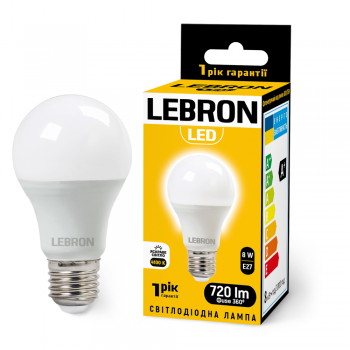 LED лампа LEBRON L-A60-82741, 8W, Е27, 4100K, 230V
