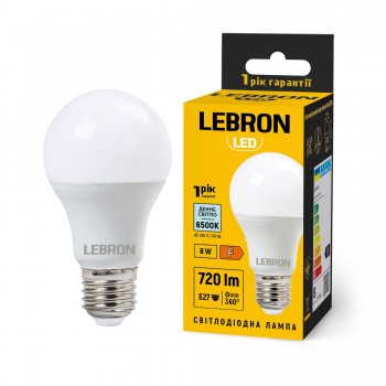 LED лампа LEBRON L-A60-82765, 8W, Е27, 6500K, 230V