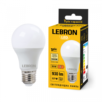 LED лампа LEBRON L-A60-102730, 10W, Е27, 3000K, 230V