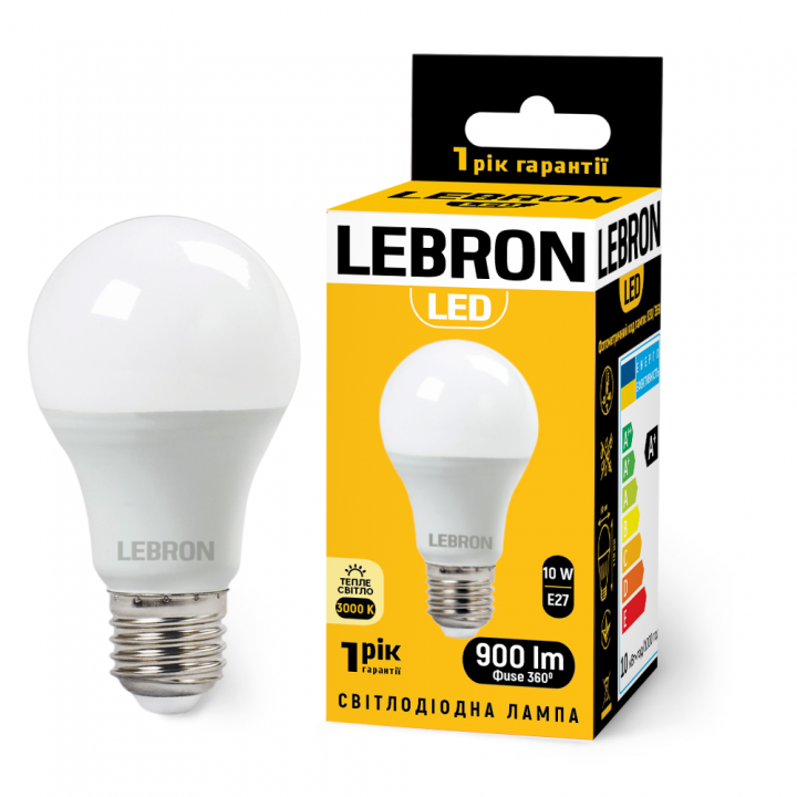 LED лампа LEBRON L-A60, 10W, Е27, 3000K, 900Lm