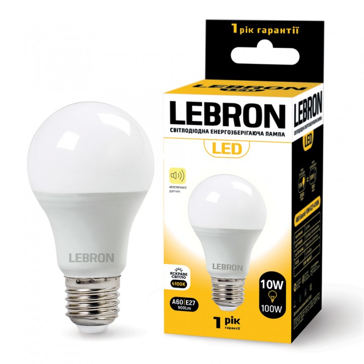 LED лампа LEBRON L-A60, 10W, Е27, 4100K, 900Lm, акустичний датчик