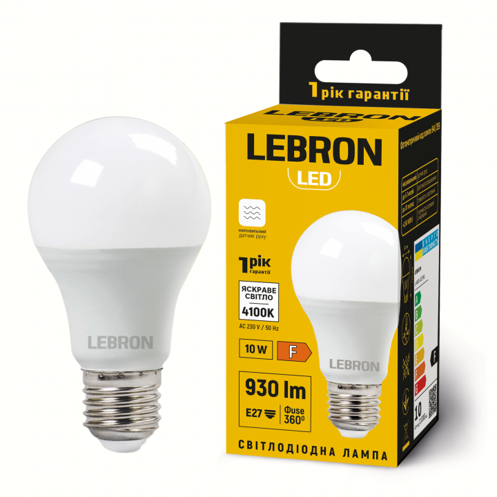 LED лампа LEBRON L-A60-102741, 10W, Е27, 4100K, СВЧ датчик руху, 230V