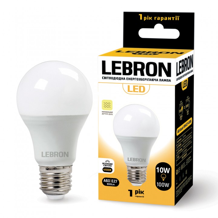 LED лампа LEBRON L-A60, 10W, Е27, 4100K, 900Lm, СВЧ датчик руху