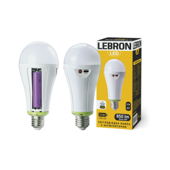 LED лампа з акумулятором LEBRON L-A70T-965, 9W, Е27, 6500K, 1200mAh, 230V