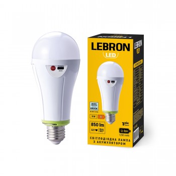 LED лампа з акумулятором LEBRON L-A70T-965, 9W, Е27, 6500K, Li-ion 1200mAh, 230V