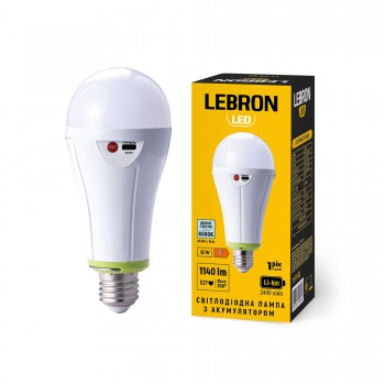 LED лампа з акумулятором LEBRON L-A80-1265, 12W, Е27, 6500K, Li-ion 2х1200mAh, 230V