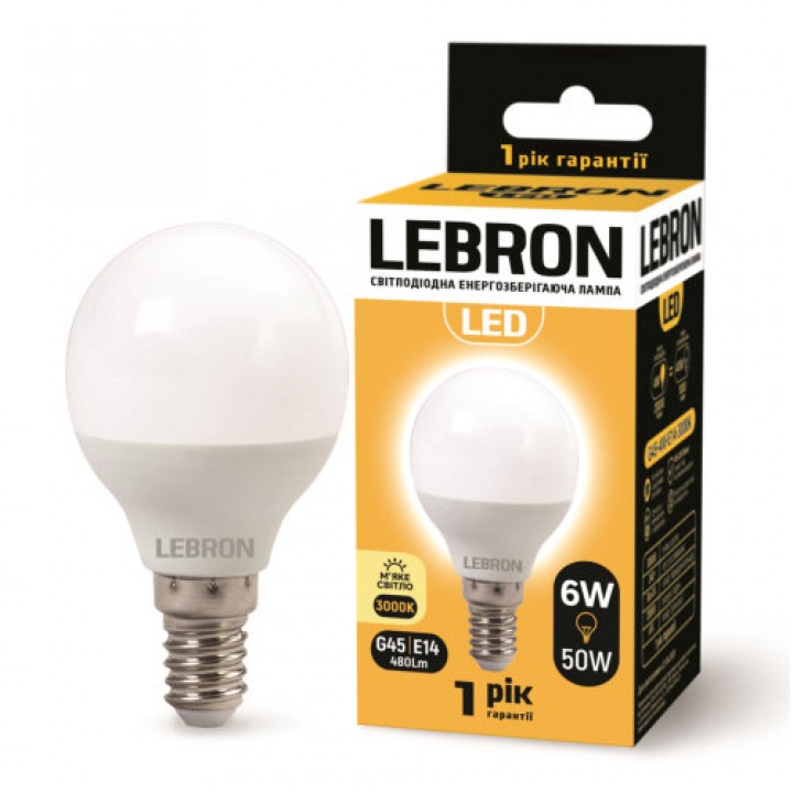 LED лампа LEBRON L-G45, 6W, 220V, Е14, 3000K, 480Lm