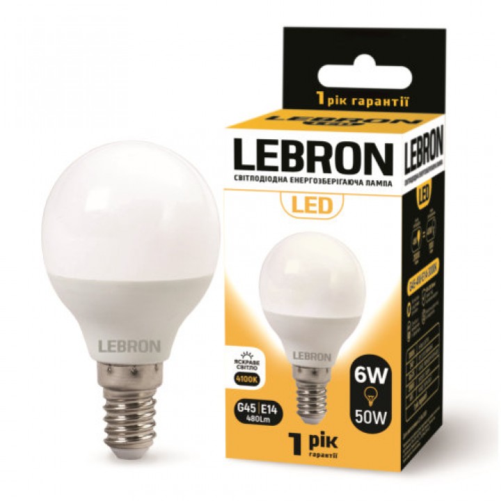 LED лампа LEBRON L-G45, 6W, 220V, Е14, 4100K, 480Lm