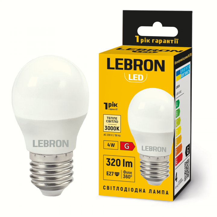 LED лампа LEBRON L-G45-42730, 4W, Е27, 3000K, 230V