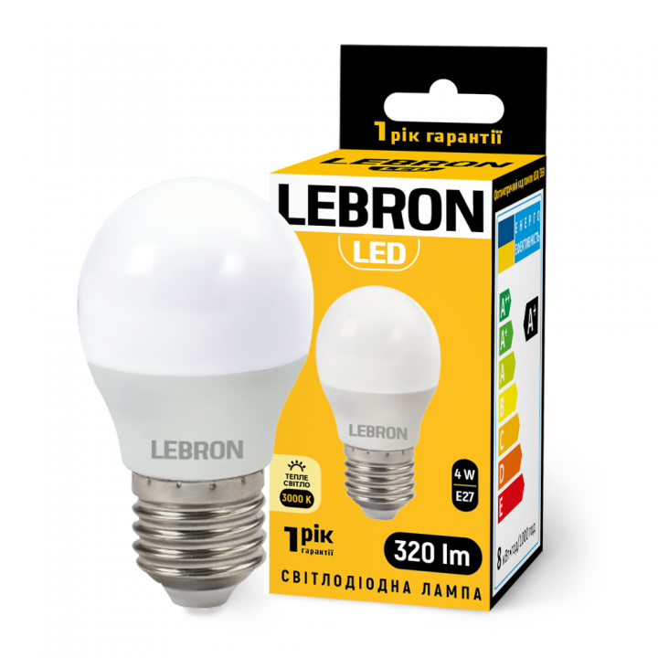 LED лампа LEBRON L-G45, 4W, 220V, Е27, 3000K, 320Lm