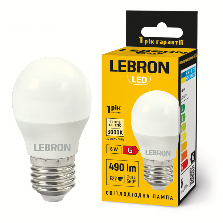 LED лампа LEBRON L-G45-62730, 6W, Е27, 3000K, 230V