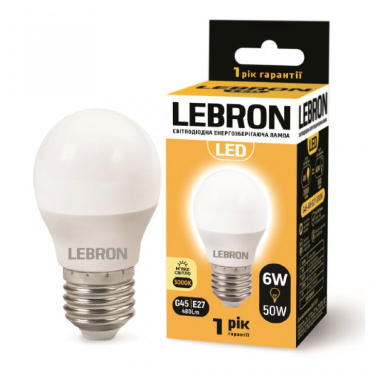 LED лампа LEBRON L-G45, 6W, 220V, Е27, 3000K, 480Lm