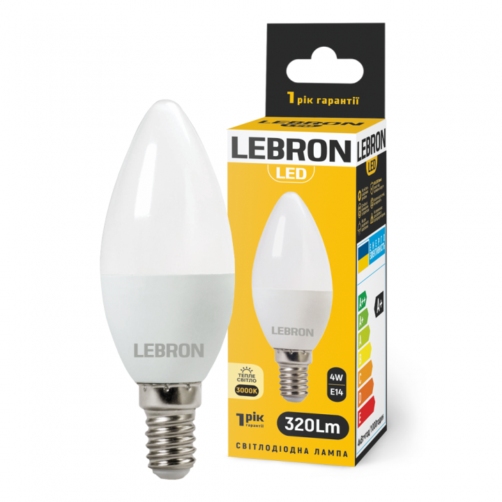 LED лампа LEBRON L-С37, 4W, 220V, Е14, 3000K, 320Lm