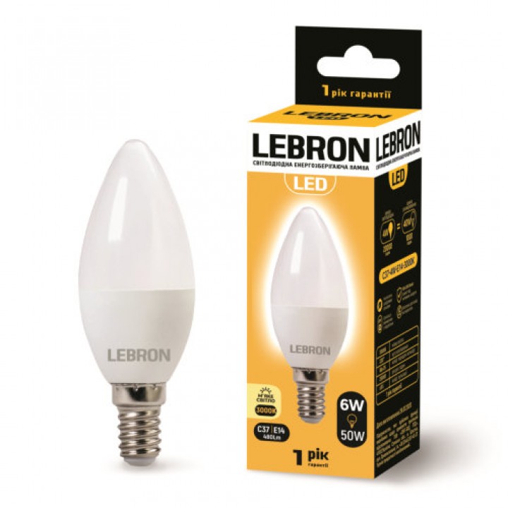 LED лампа LEBRON L-С37, 6W, 220V, Е14, 3000K, 480Lm