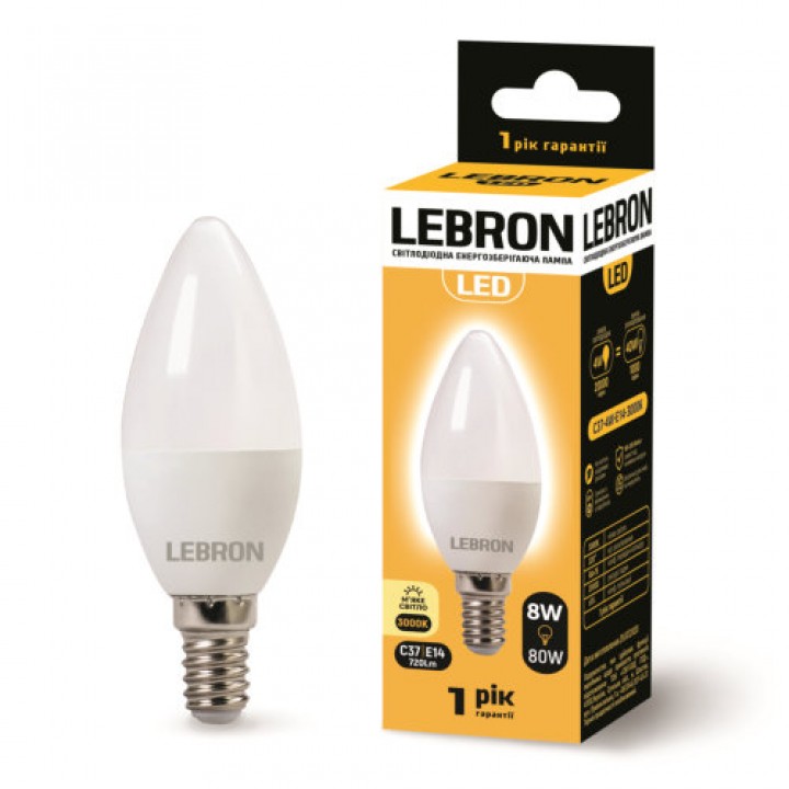 LED лампа LEBRON L-С37, 8W, 220V, Е14, 3000K, 720Lm