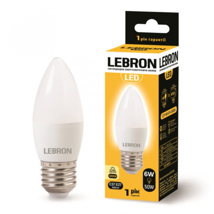LED лампа LEBRON L-С37, 6W, 220V, Е27, 3000K, 480Lm