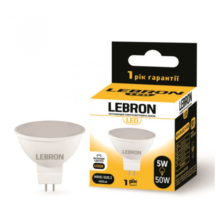 LED лампа LEBRON L-MR16, 5W, 220V, GU5,3, 4100K, 400Lm