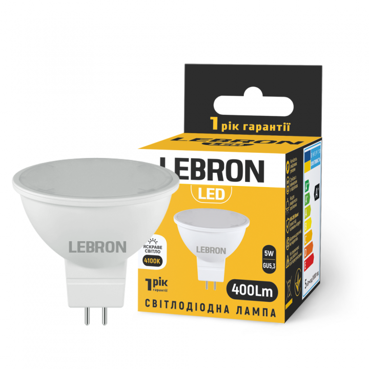 LED лампа LEBRON L-MR16, 5W, 220V, GU5,3, 4100K, 400Lm