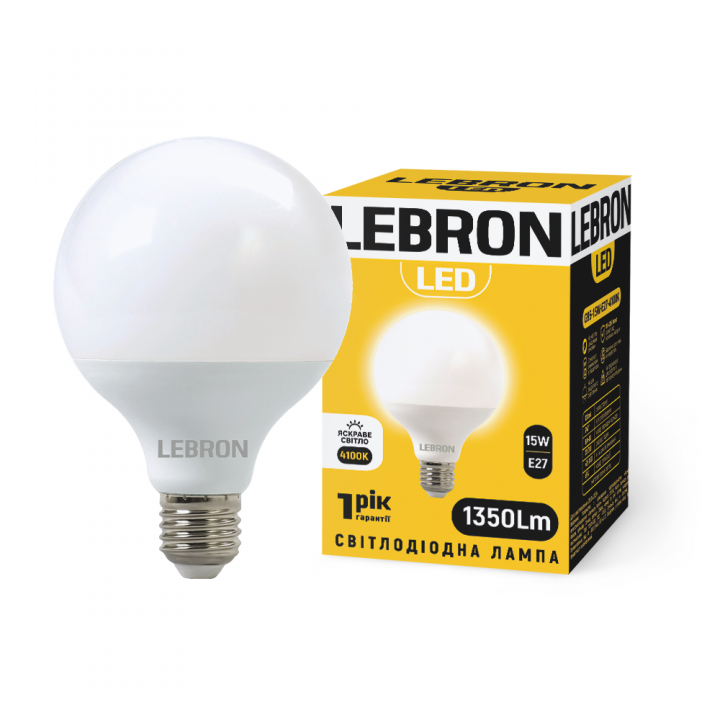 LED лампа LEBRON L-G95, 15W, 220V, Е27, 4100K, 1350Lm