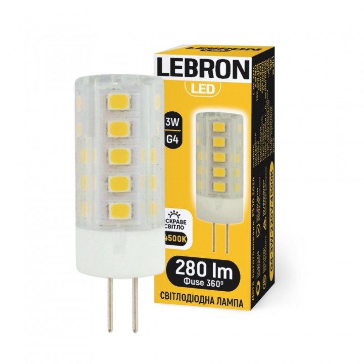 LED лампа Lebron L-G4, 3W, G4, 4500K, 280Lm, кут 360°.