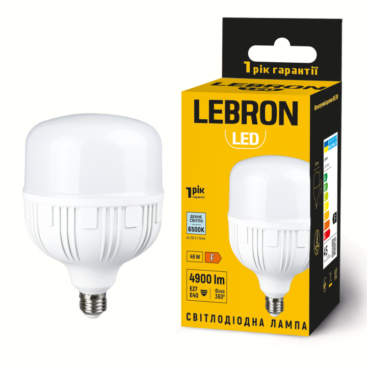 LED лампа LEBRON L-T120-4565, 45W, перехідник Е27/Е40, 6500K, 230V