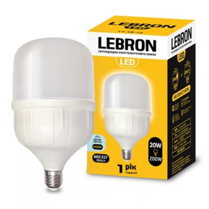 LED лампа LEBRON L-А80, 20W, Е27, 6500K, 1800Lm