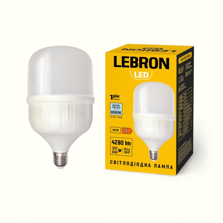 LED лампа LEBRON L-A118-4065, 40W, перехідник Е27/Е40, 6500K, 230V