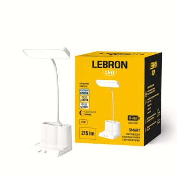 LED лампа настільна LEBRON L-TL-7603, 5W, 2700-6500K, Li-ion 1200mAh, шнур USB, біла