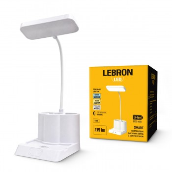 LED лампа настільна LEBRON L-TL-7603, 5W, 3000-6500K, Li-ion 1200mAh, шнур USB, біла