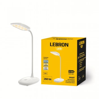 LED лампа настільна LEBRON L-TL-7706Wh, 5W, 2700-6500K, Li-ion 2400mAh, шнур USB, біла