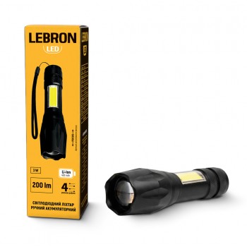 LED ліхтар ручний LEBRON L-HL-10185, ABS, 3W, 10000K, Li-ion 400mAh, чорний, шнур Type-C/USB