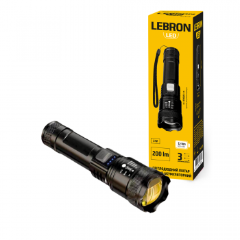 LED ліхтар ручний акумуляторний LEBRON L-HL-11302, ABS, 3W, 10000K, Li-ion 600mAh, чорний, шнур Type-C/USB